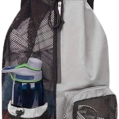 Grey Drawstring Gym Bag with Zipper Pocket, Sport Swimming Storage Bag, Beach Drawstring Backpack
