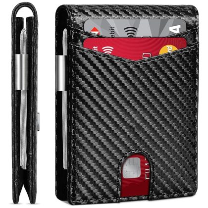 Black Slim Wallets for Men,Credit Card Holder with RFID Blocking for,Carbon Fiber Leather Money Clip with 12 Credit Card Holders,ID Window,Minimalist Bi-Fold,Gift Box