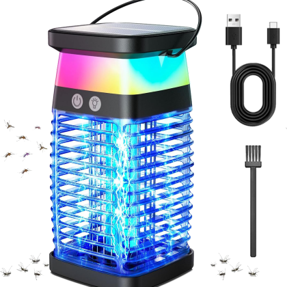 Solar Bug Zapper,3 in 1 Portable Electric Mosquito Zapper, Waterproof Plug in with RGB Light & Reading Lamp, Insect Fly Trap for Home Backyard Patio,USB Charging,Not be Restricted by Sockets