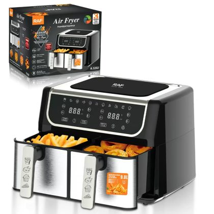 9 L Dual Basket Air Fryer, Air Fryer Toaster Oven,Digital Touchscreen, Smart Sync Finish, Hi-Fry, Auto Shutoff,Custom Program Options, 6-in-1 Functions,Stainless Steel