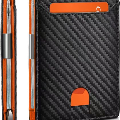 Black & Orange Slim Wallets for Men,Credit Card Holder with RFID Blocking for,Carbon Fiber Leather Money Clip with 12 Credit Card Holders,ID Window,Minimalist Bi-Fold,Gift Box