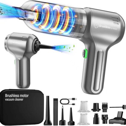 Silver Vacuum Cordless, 18000PA Handheld Car Vacuum Cleaner Portable with Brushless Motor, 4 in 1 Dust Suction & Air Blower & Hand Pump & Inflatable, Mini Hand Vacuum for Car,Home,Office,Sofa