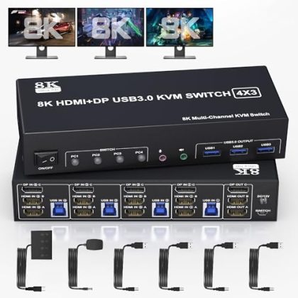 4-Port Triple Monitor KVM Switch - 8K/60Hz, 2 HDMI + DP, USB 3.0