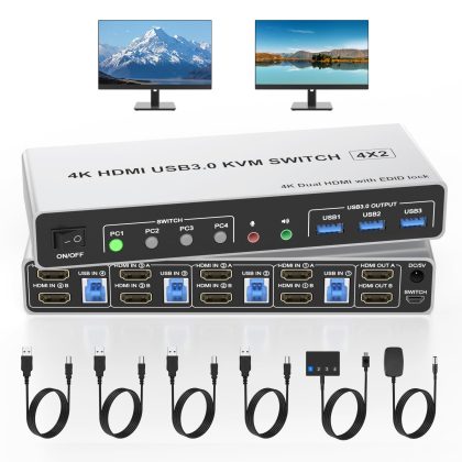 4-Port Dual Monitor HDMI KVM Switch - 4K/60Hz, EDID, USB 3.0