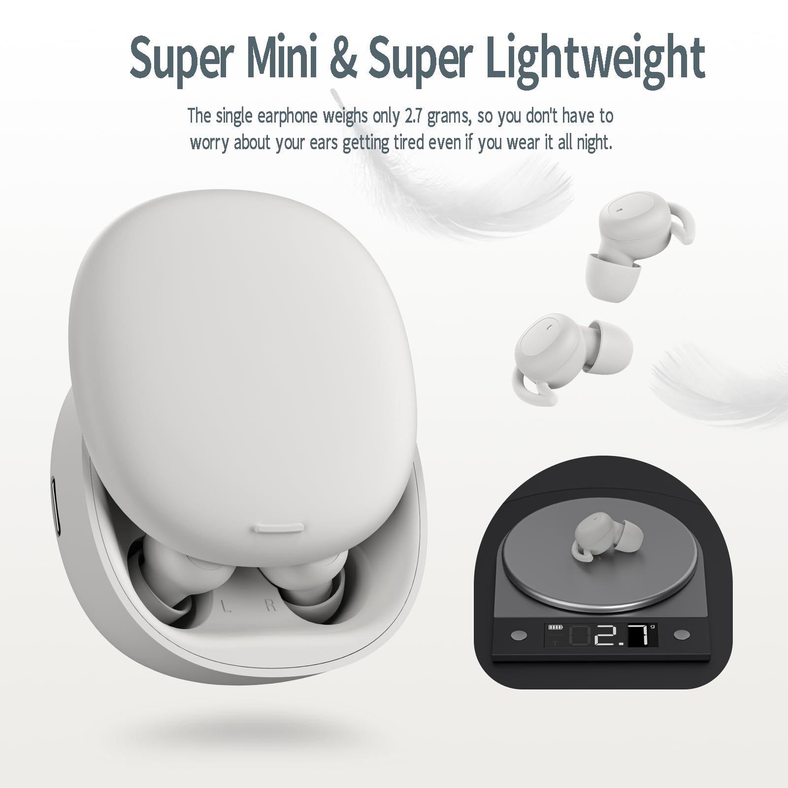 White Wireless Sleep Earbuds - Bluetooth 5.3, Noise Blocking, 27H Battery