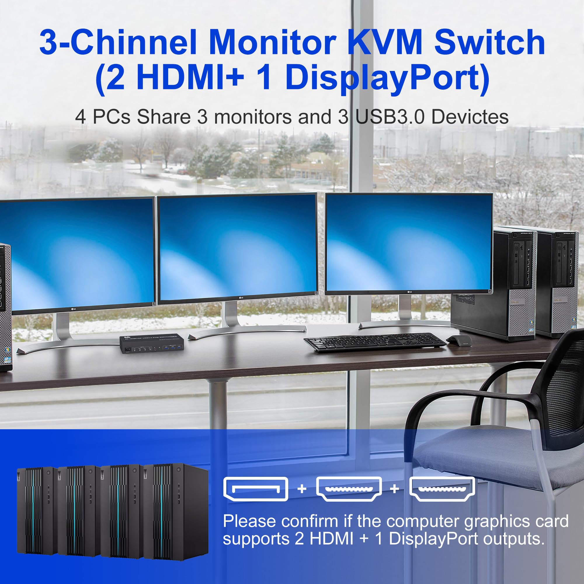 4-Port Triple Monitor KVM Switch - 8K/60Hz, 2 HDMI + DP, USB 3.0