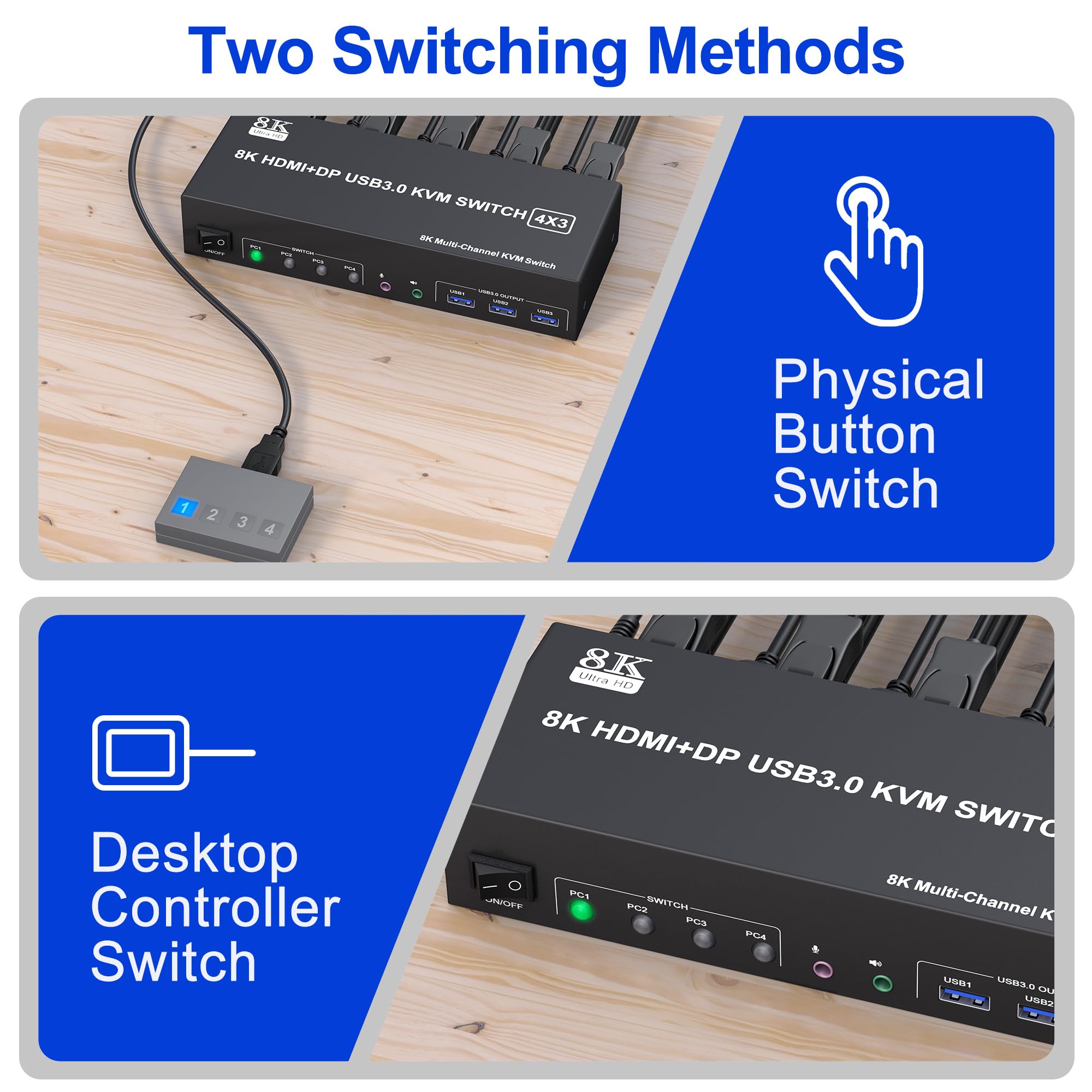 4-Port Triple Monitor KVM Switch - 8K/60Hz, 2 HDMI + DP, USB 3.0