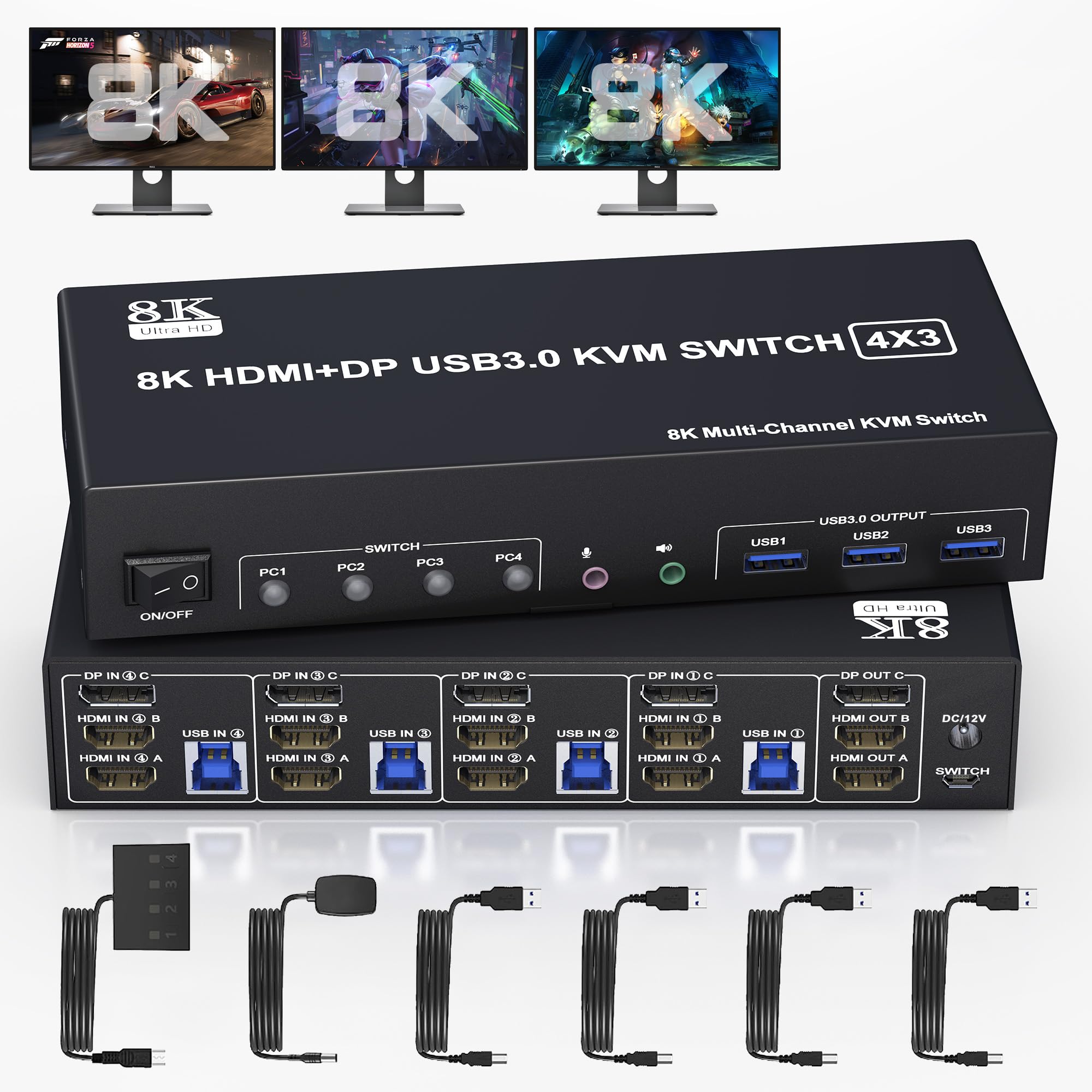 4-Port Triple Monitor KVM Switch - 8K/60Hz, 2 HDMI + DP, USB 3.0