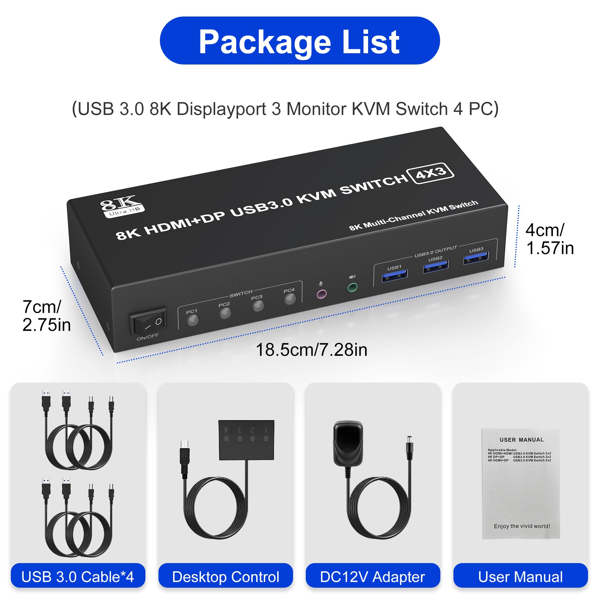 4-Port Triple Monitor KVM Switch - 8K/60Hz, 2 HDMI + DP, USB 3.0