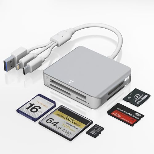 5-in-1 silver memory card reader with Lightning USB-C and USB-A