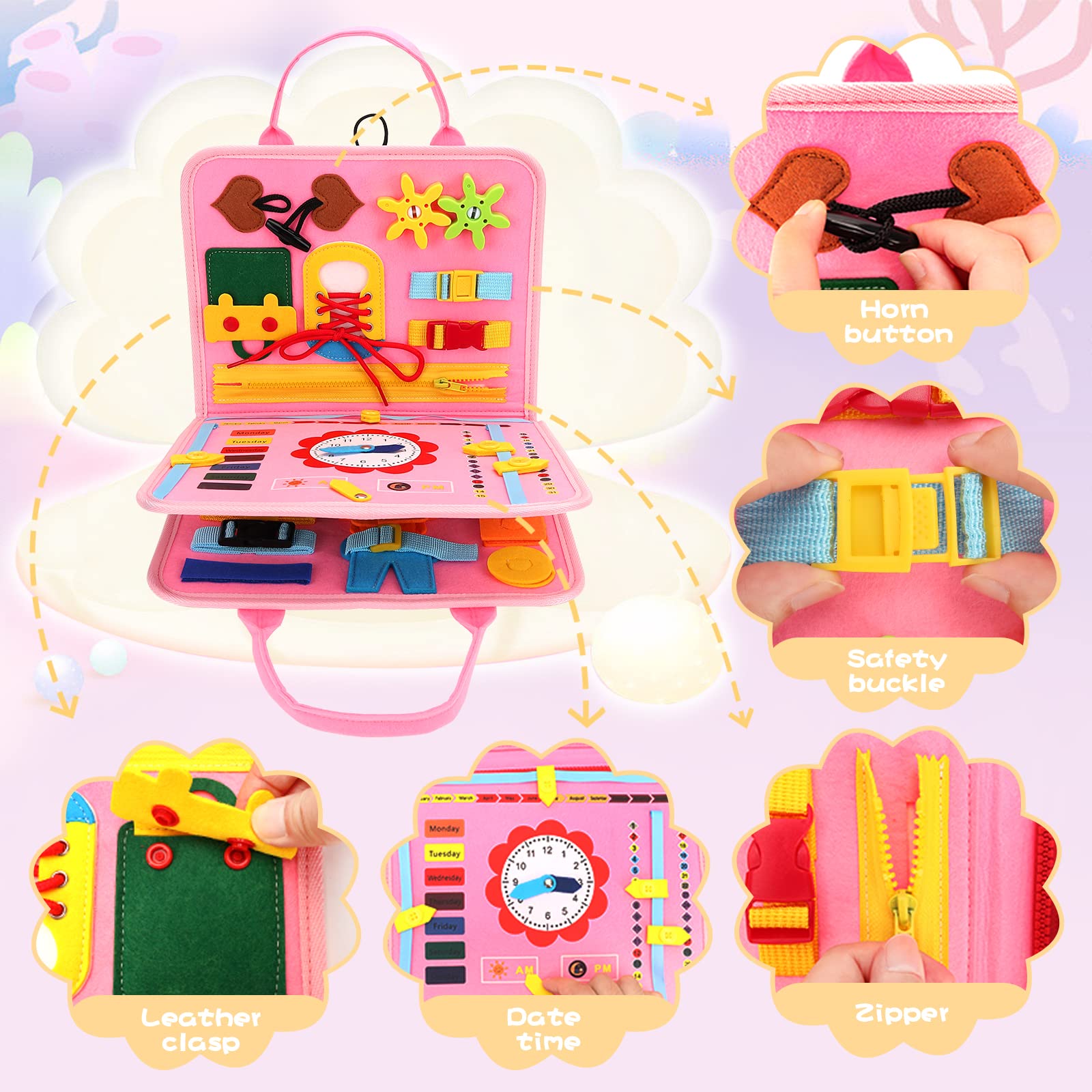 Montessori Busy Book for Toddlers - Travel Sensory Toy (Pink) image 10