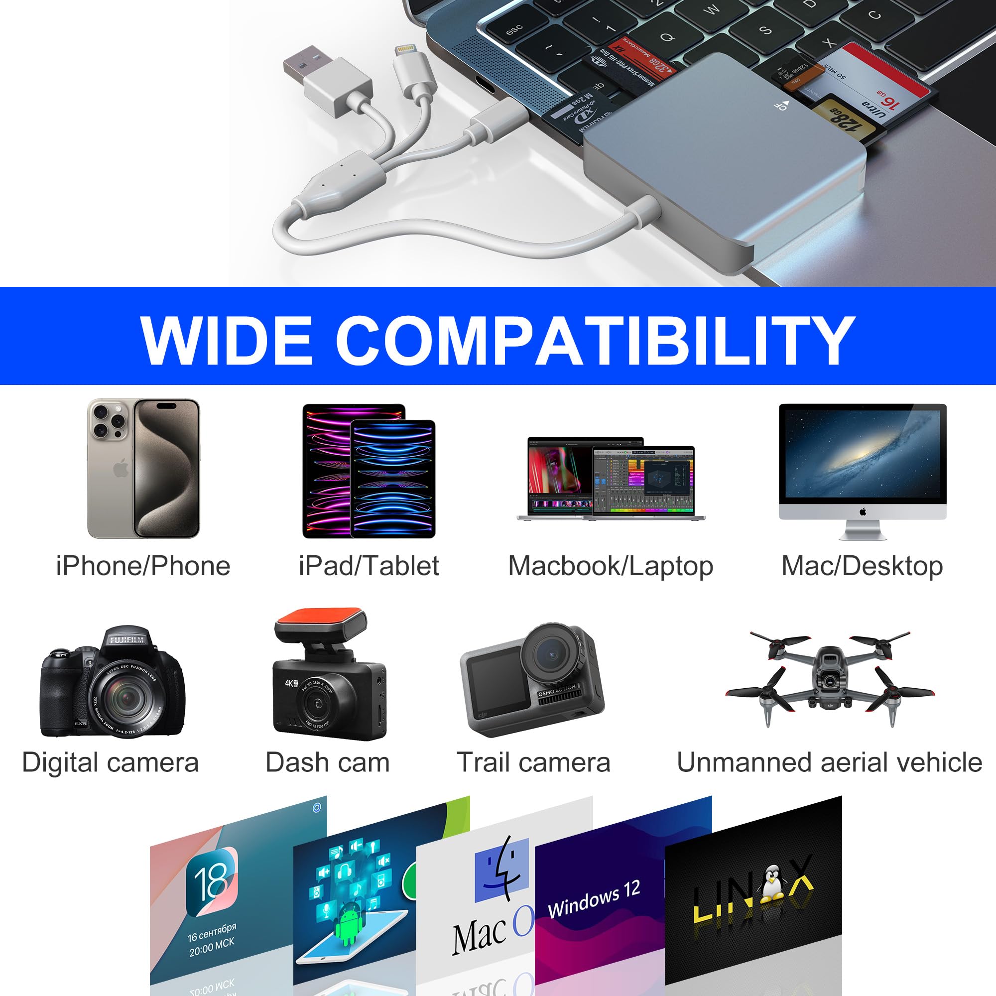 5-in-1 silver memory card reader with Lightning USB-C and USB-A image 11