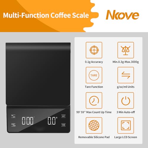 Digital Coffee Scale with Timer - 3kg / 0.1g Precision, Black image 2