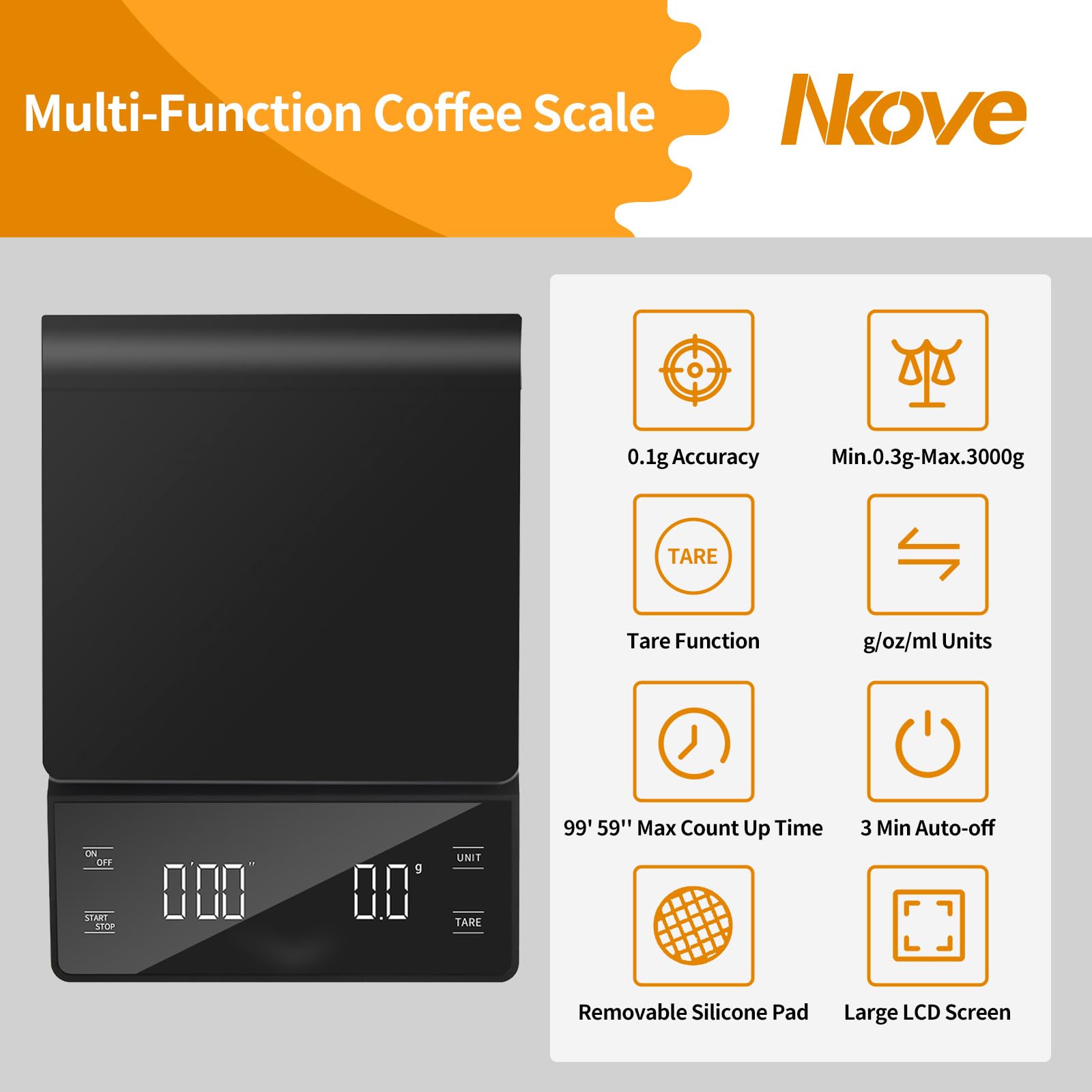 Digital Coffee Scale with Timer - 3kg / 0.1g Precision, Black image 8