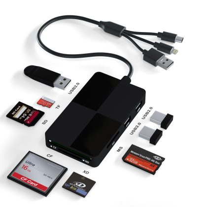 8-in-1 Card Reader for iPhone iPad PC - SD TF MS CF XD, 3 USB Ports, Lightning USB-C USB-A