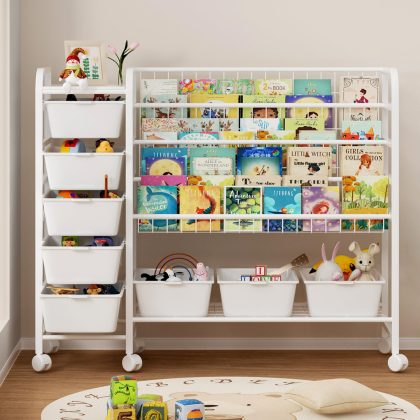 Kids Bookshelf with Toy Storage Bins and Wheels, White