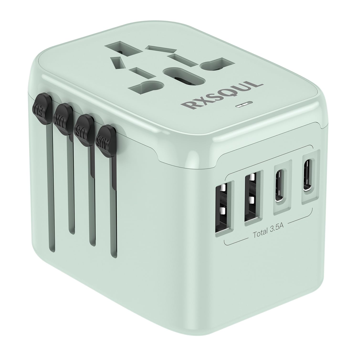 Universal Travel Adapter with 2 USB-C + 2 USB-A, Worldwide Plug, Green view 1