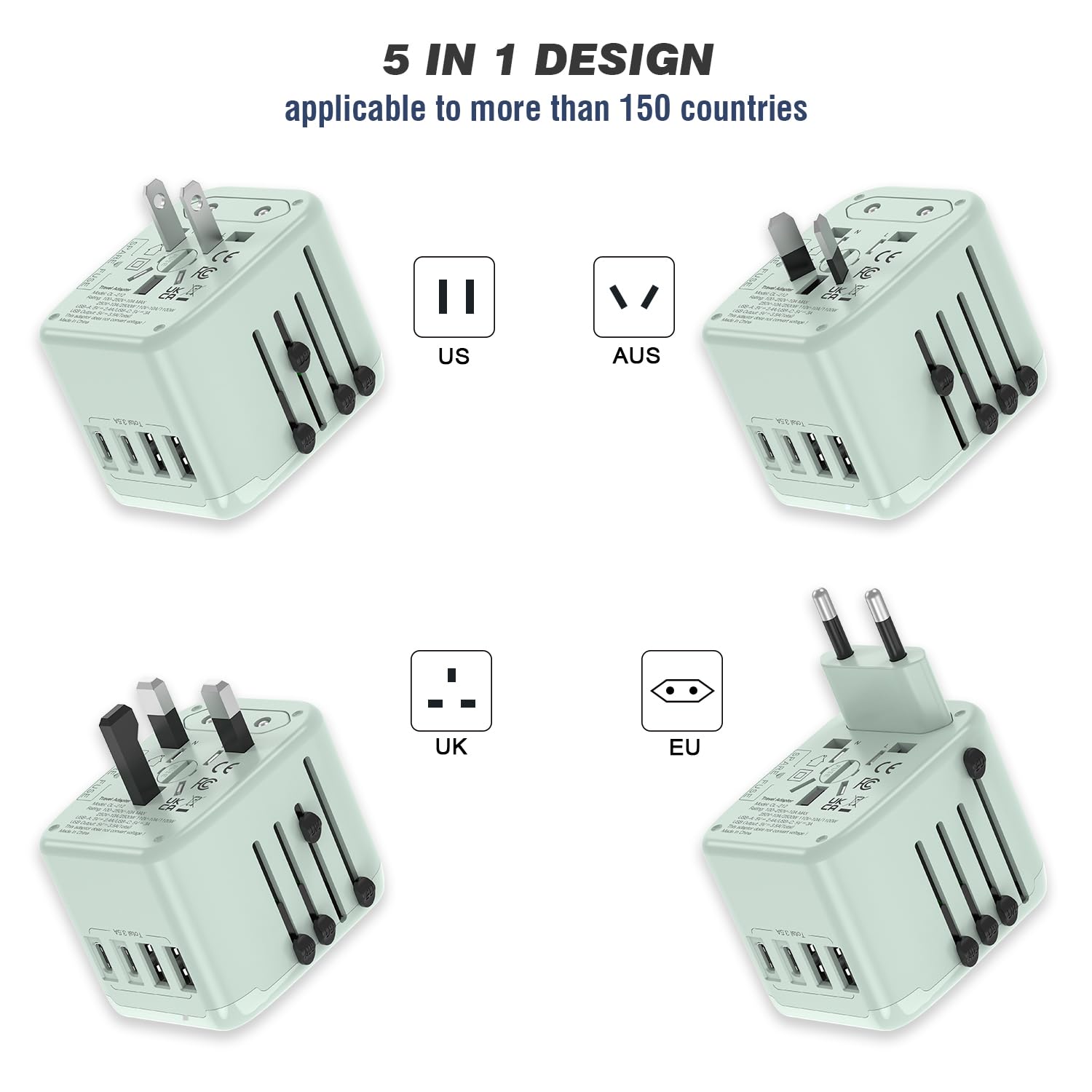 Universal Travel Adapter with 2 USB-C + 2 USB-A, Worldwide Plug, Green view 2