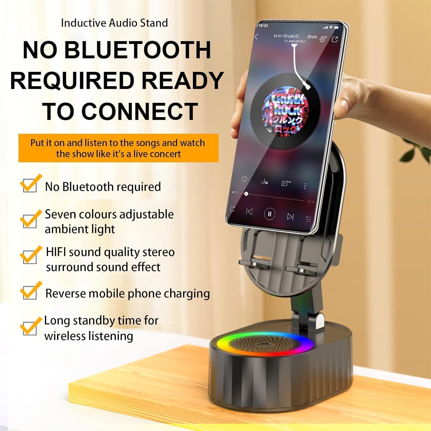 5-in-1 Bluetooth Speaker Phone Stand with Ambient Light, Rechargeable, Black view 1