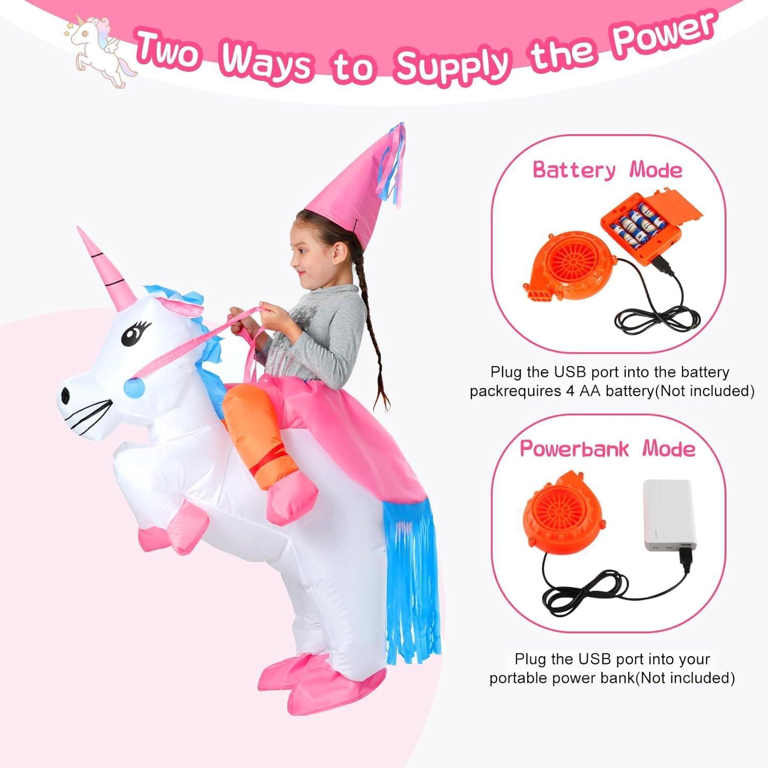 Kids Inflatable Unicorn Costume with Built-In Fan for Halloween & Dress-Up Parties image 3