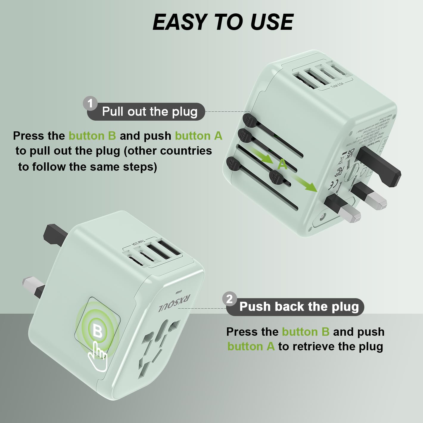 Universal Travel Adapter with 2 USB-C + 2 USB-A, Worldwide Plug, Green view 3