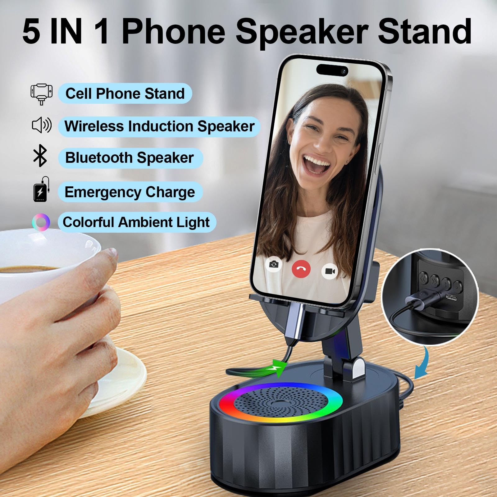5-in-1 Bluetooth Speaker Phone Stand with Ambient Light, Rechargeable, Black view 2