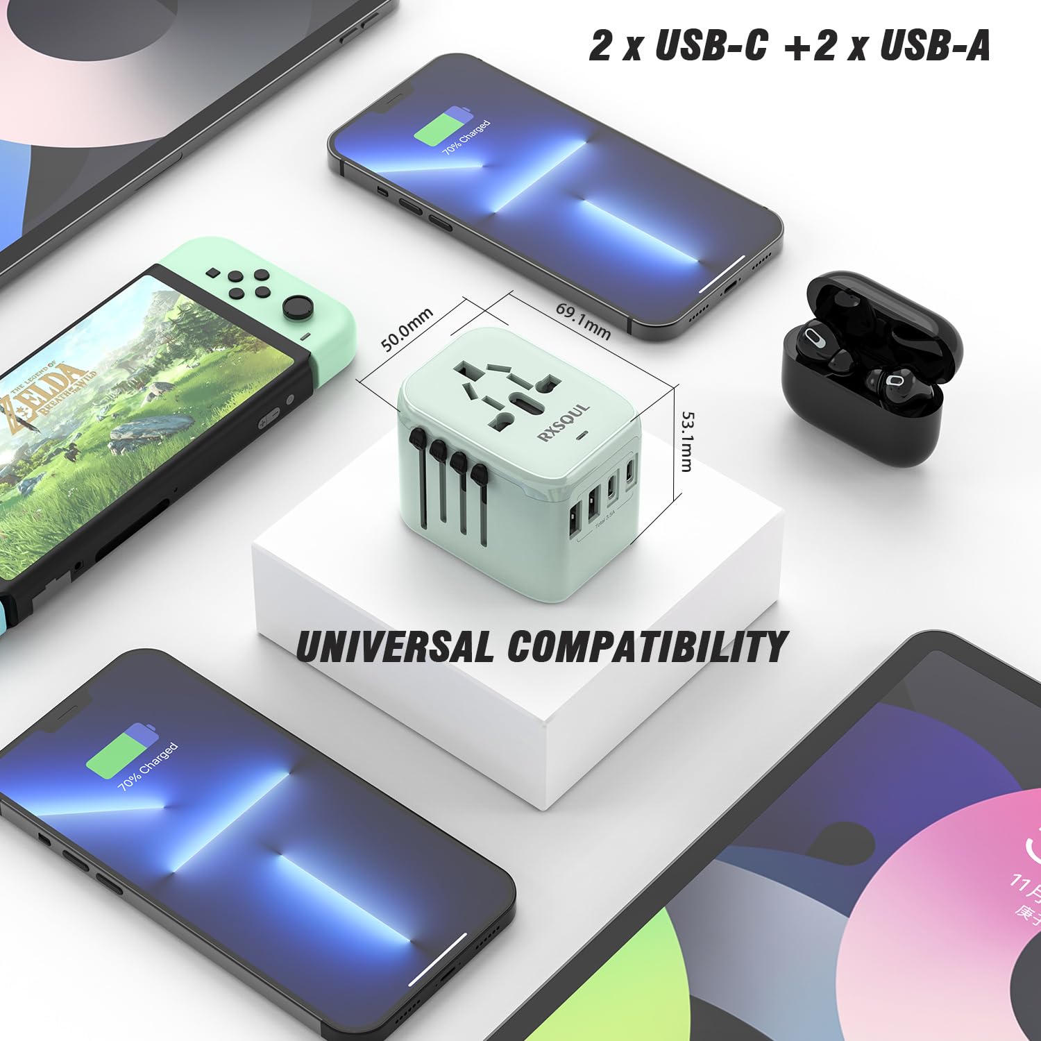 Universal Travel Adapter with 2 USB-C + 2 USB-A, Worldwide Plug, Green view 4