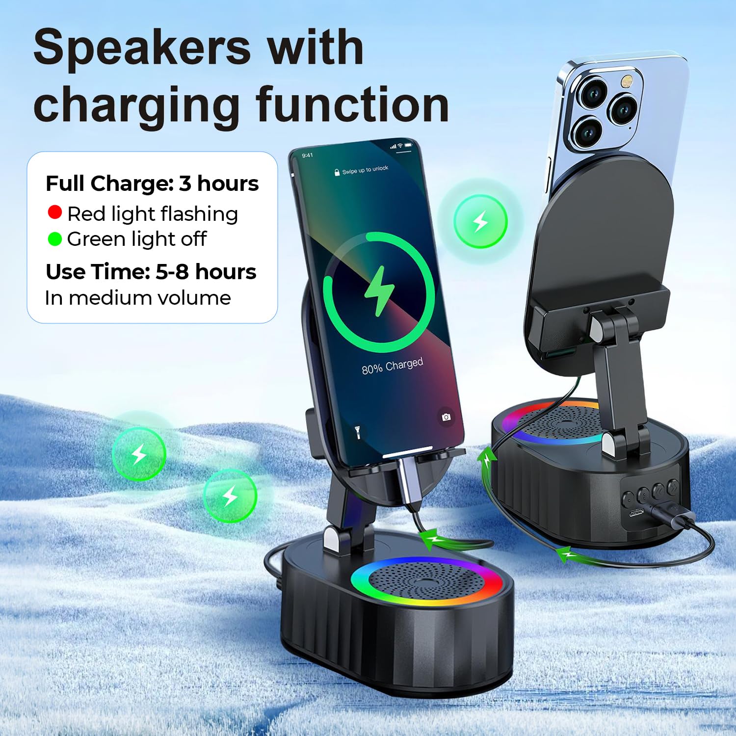 5-in-1 Bluetooth Speaker Phone Stand with Ambient Light, Rechargeable, Black view 3