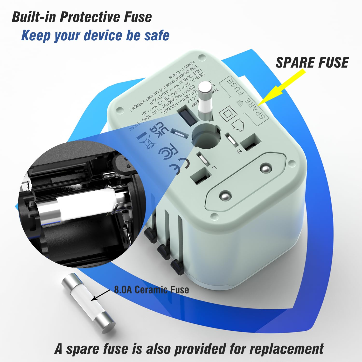 Universal Travel Adapter with 2 USB-C + 2 USB-A, Worldwide Plug, Green view 5