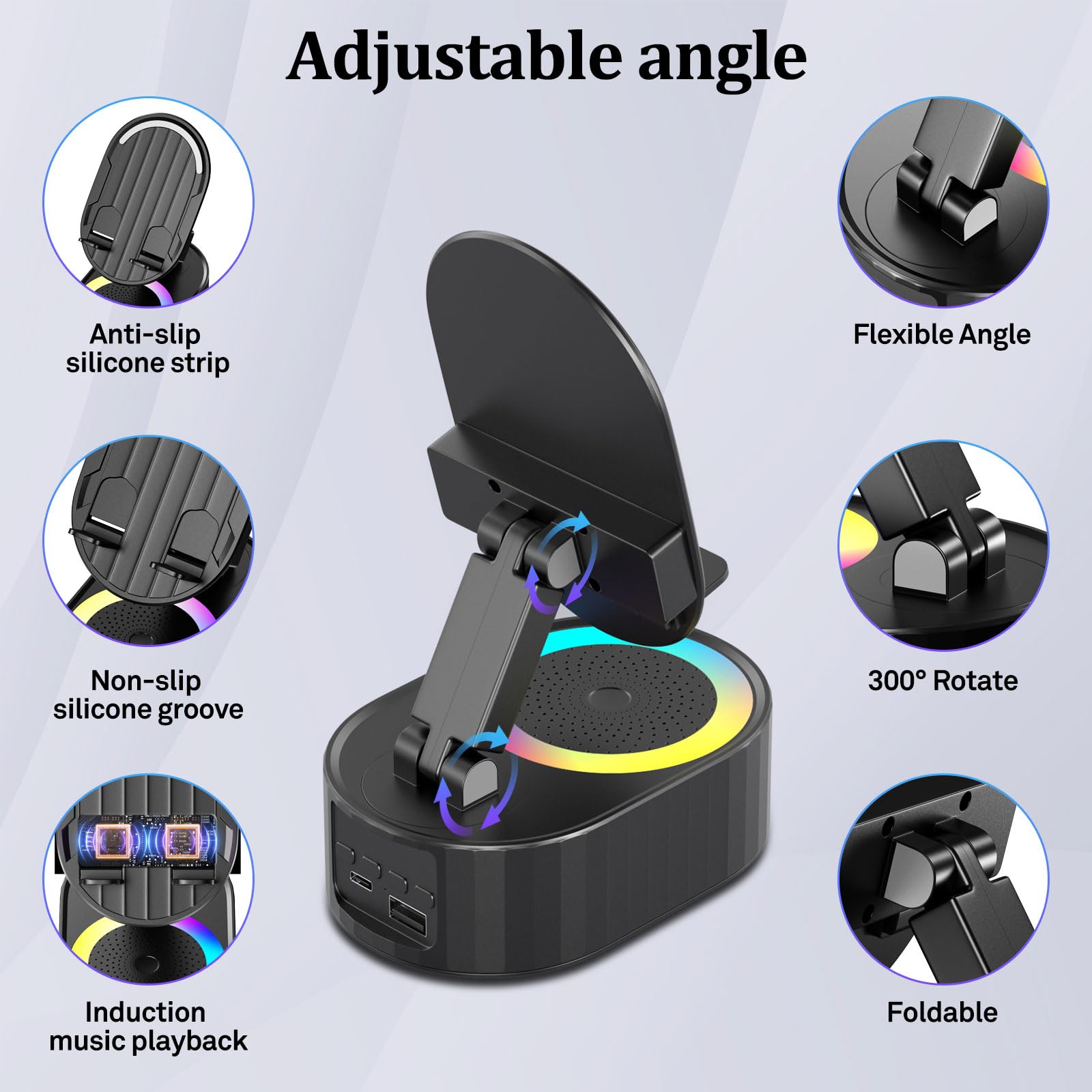 5-in-1 Bluetooth Speaker Phone Stand with Ambient Light, Rechargeable, Black view 4