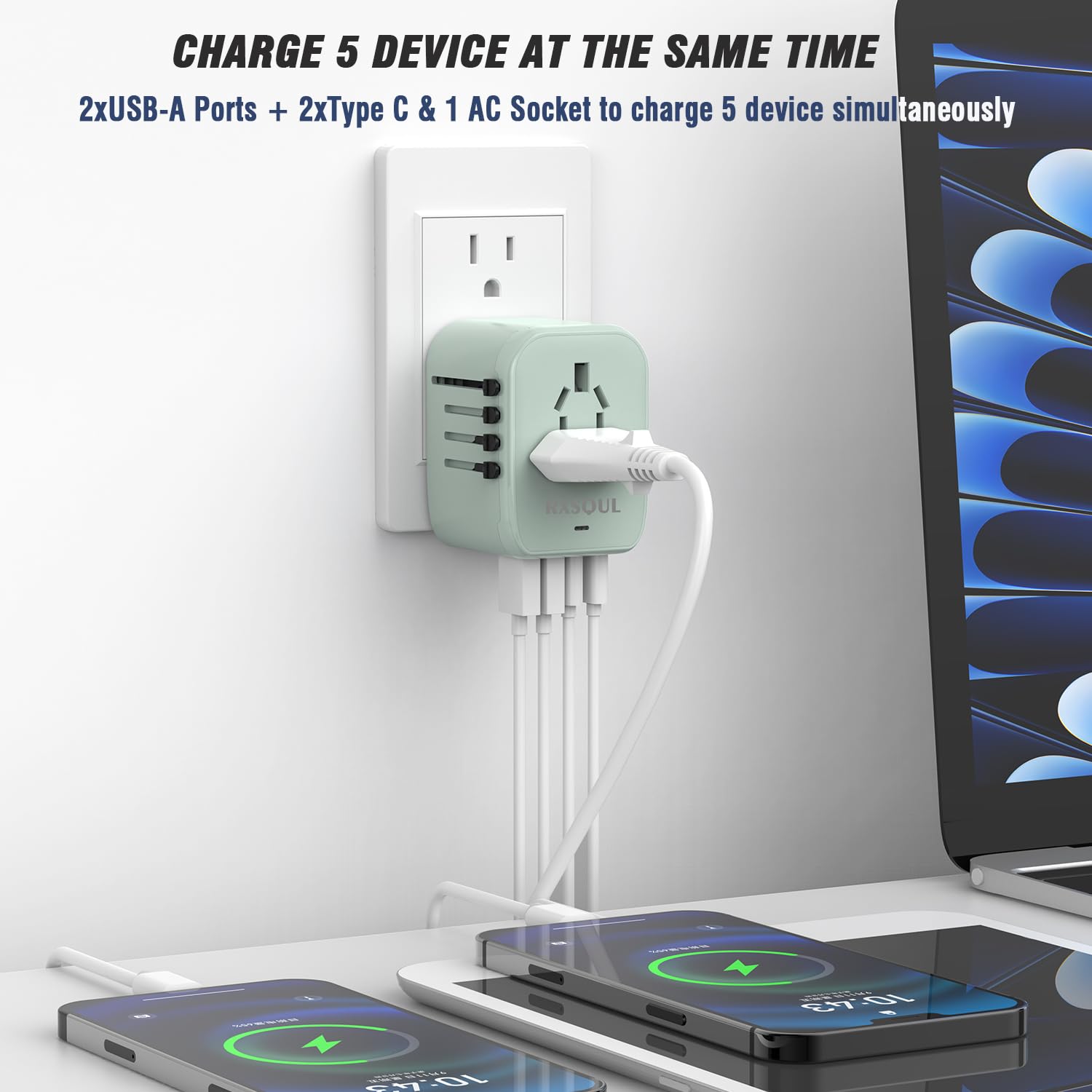 Universal Travel Adapter with 2 USB-C + 2 USB-A, Worldwide Plug, Green view 6