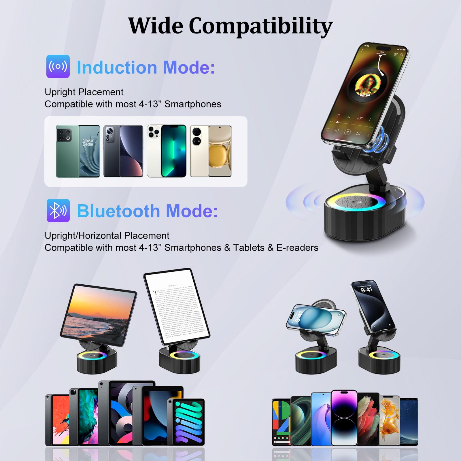5-in-1 Bluetooth Speaker Phone Stand with Ambient Light, Rechargeable, Black view 5