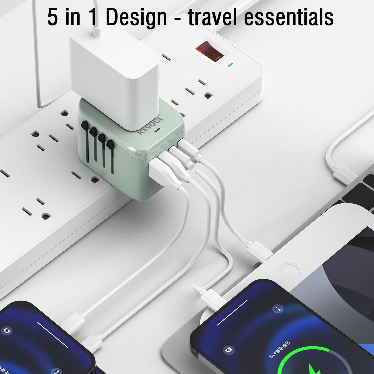 Universal Travel Adapter with 2 USB-C + 2 USB-A, Worldwide Plug, Green view 7