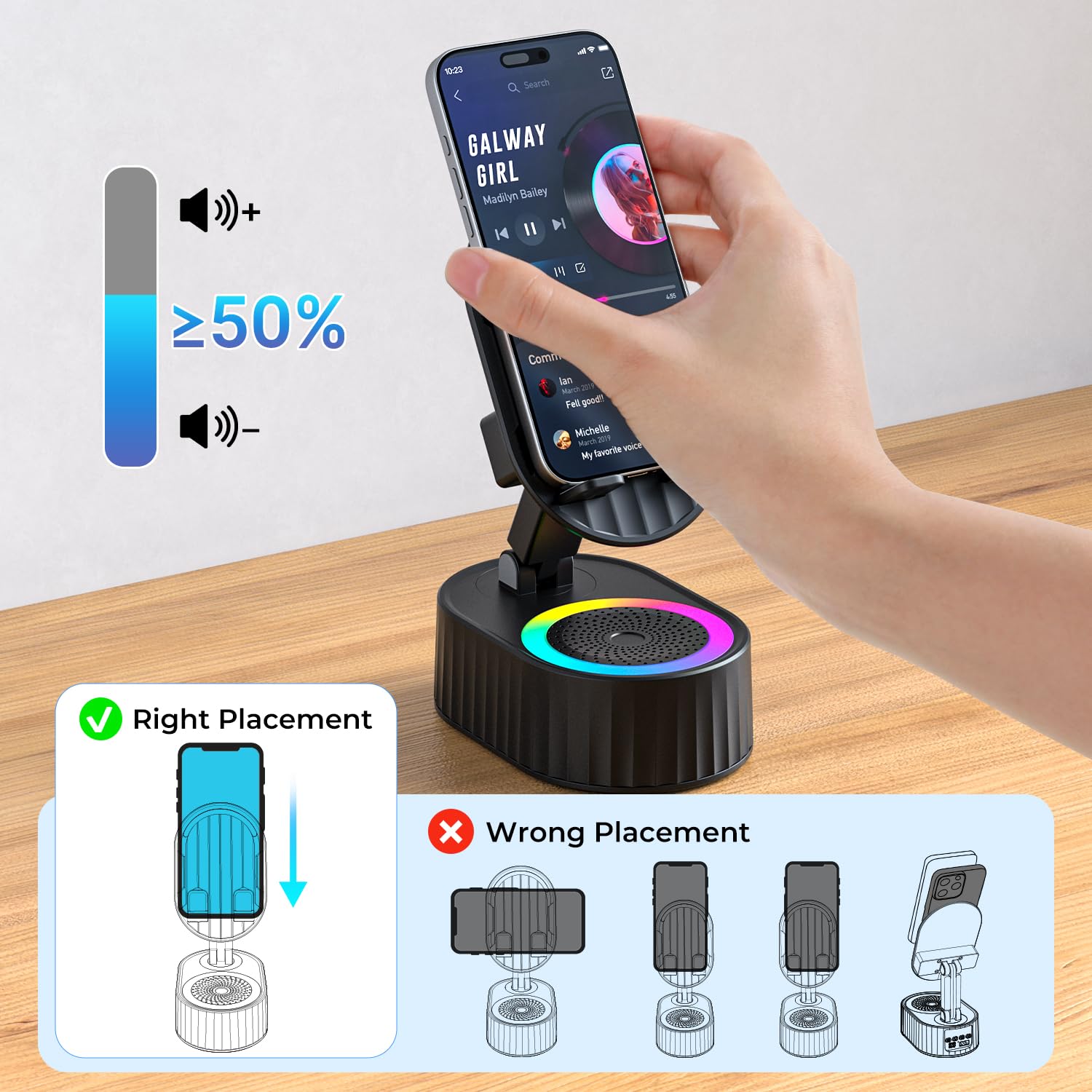 5-in-1 Bluetooth Speaker Phone Stand with Ambient Light, Rechargeable, Black view 6