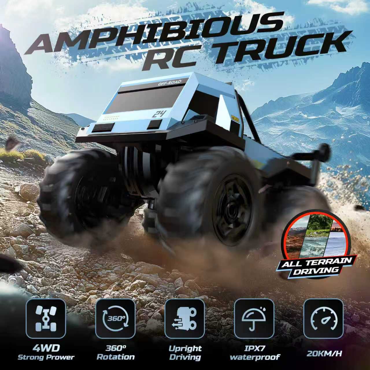 Amphibious Remote Control Stunt Car with LED Lights, 4WD Waterproof RC Truck view 4