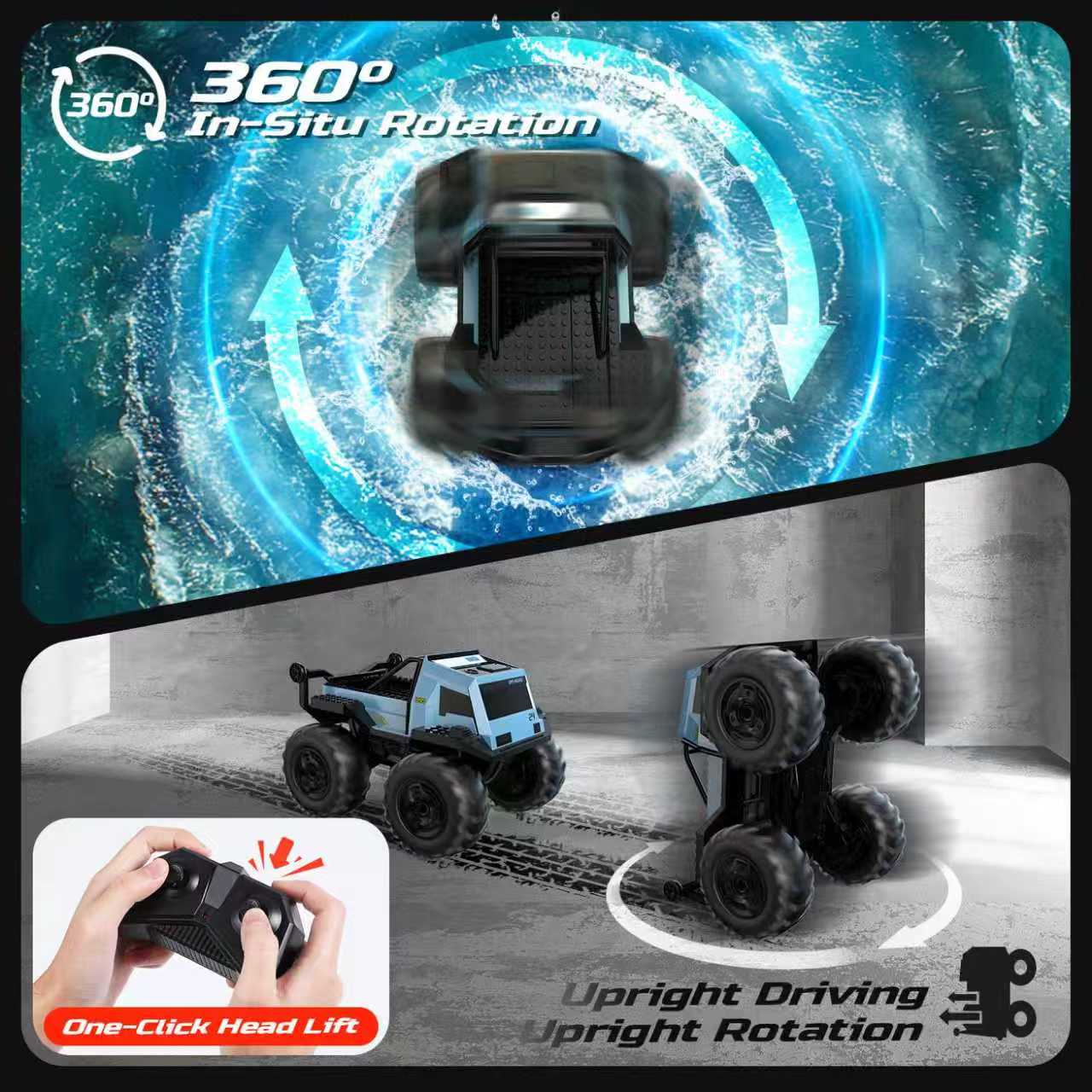 Amphibious Remote Control Stunt Car with LED Lights, 4WD Waterproof RC Truck view 5