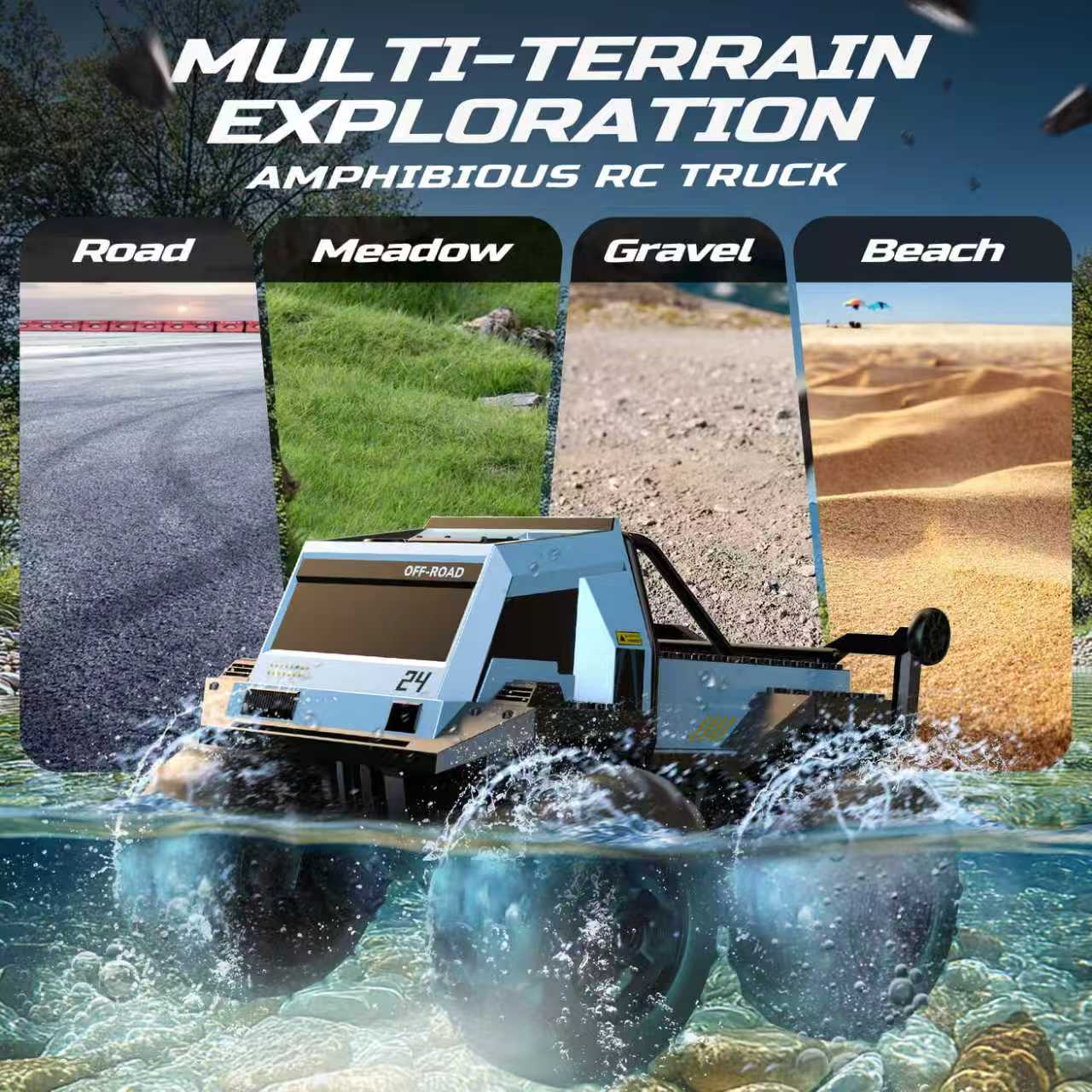 Amphibious Remote Control Stunt Car with LED Lights, 4WD Waterproof RC Truck view 6