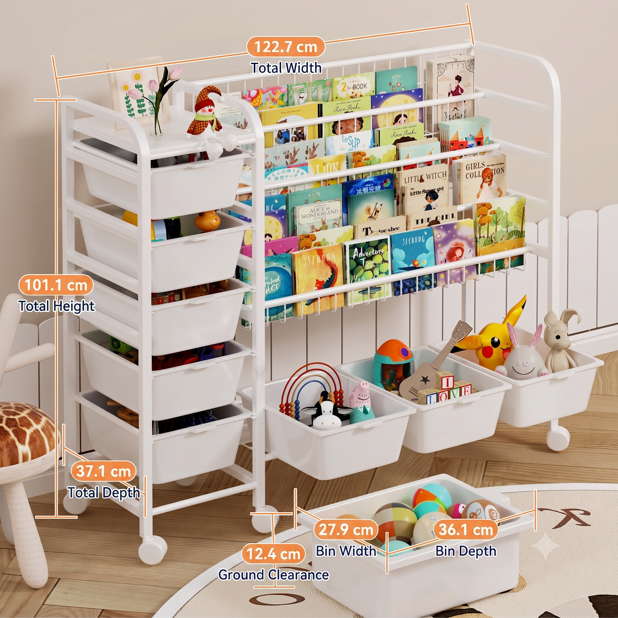 Kids Bookshelf with Toy Storage Bins and Wheels, White - Image 5