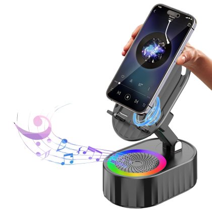 5-in-1 Bluetooth Speaker Phone Stand with Ambient Light, Rechargeable, Black