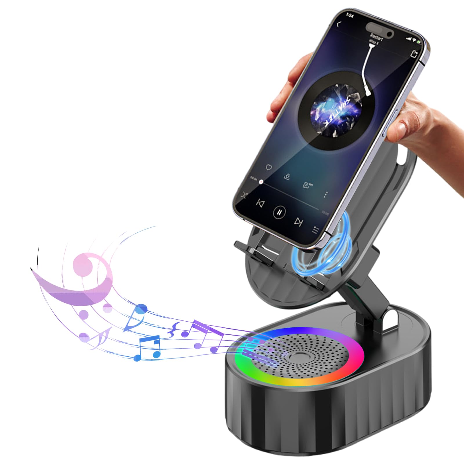 5-in-1 Bluetooth Speaker Phone Stand with Ambient Light, Rechargeable, Black