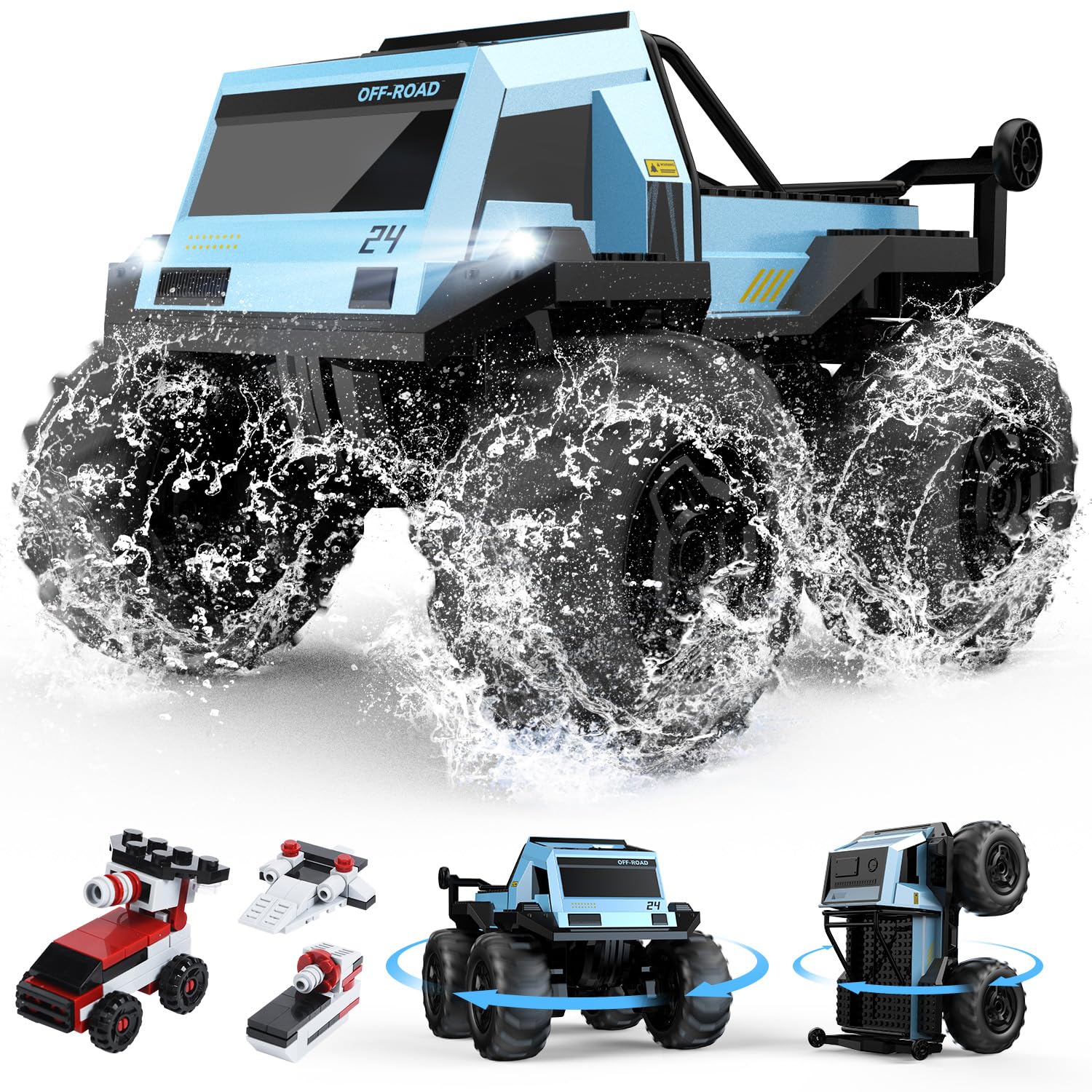 Amphibious Remote Control Stunt Car with LED Lights, 4WD Waterproof RC Truck
