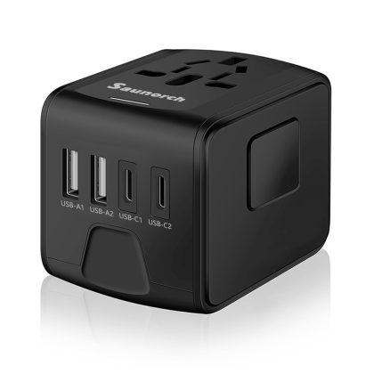 Universal Travel Adapter with 2 USB-C + 2 USB-A, Worldwide Plug, Black