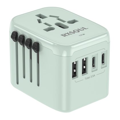 Universal Travel Adapter with 2 USB-C + 2 USB-A, Worldwide Plug, Green