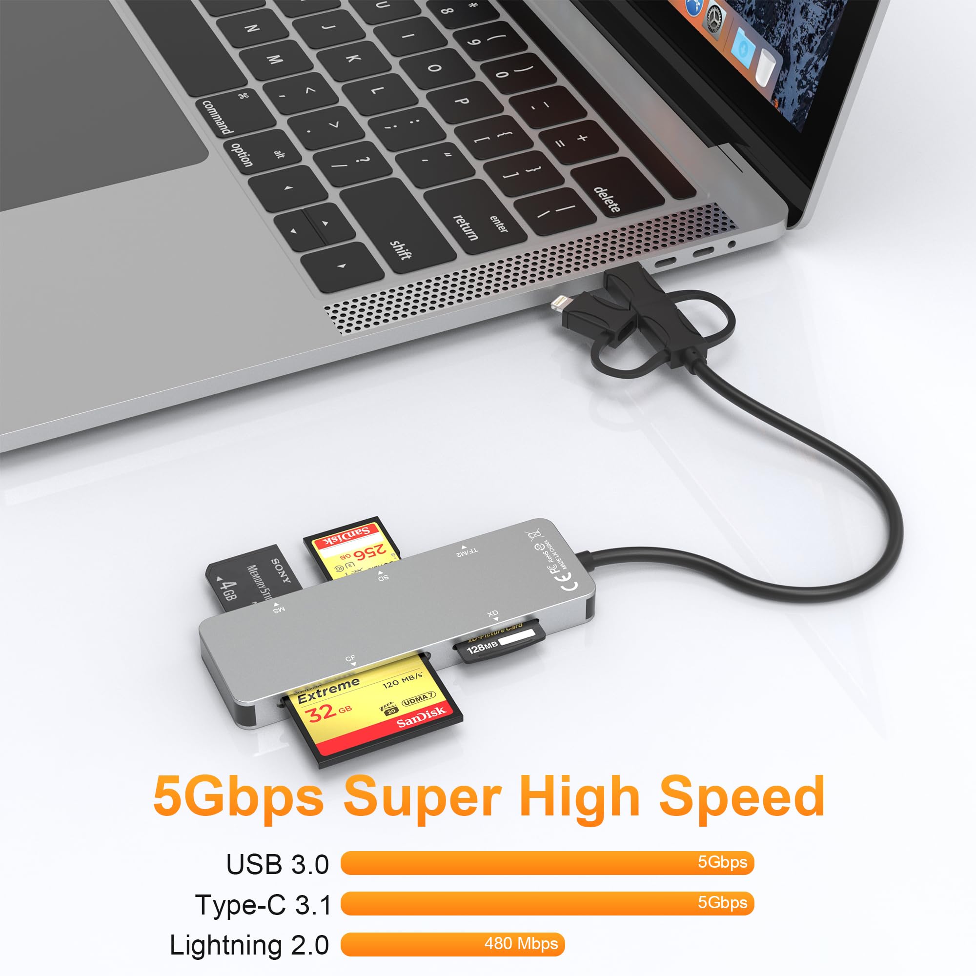 Silver memory card reader with up to 5Gbps USB transfer