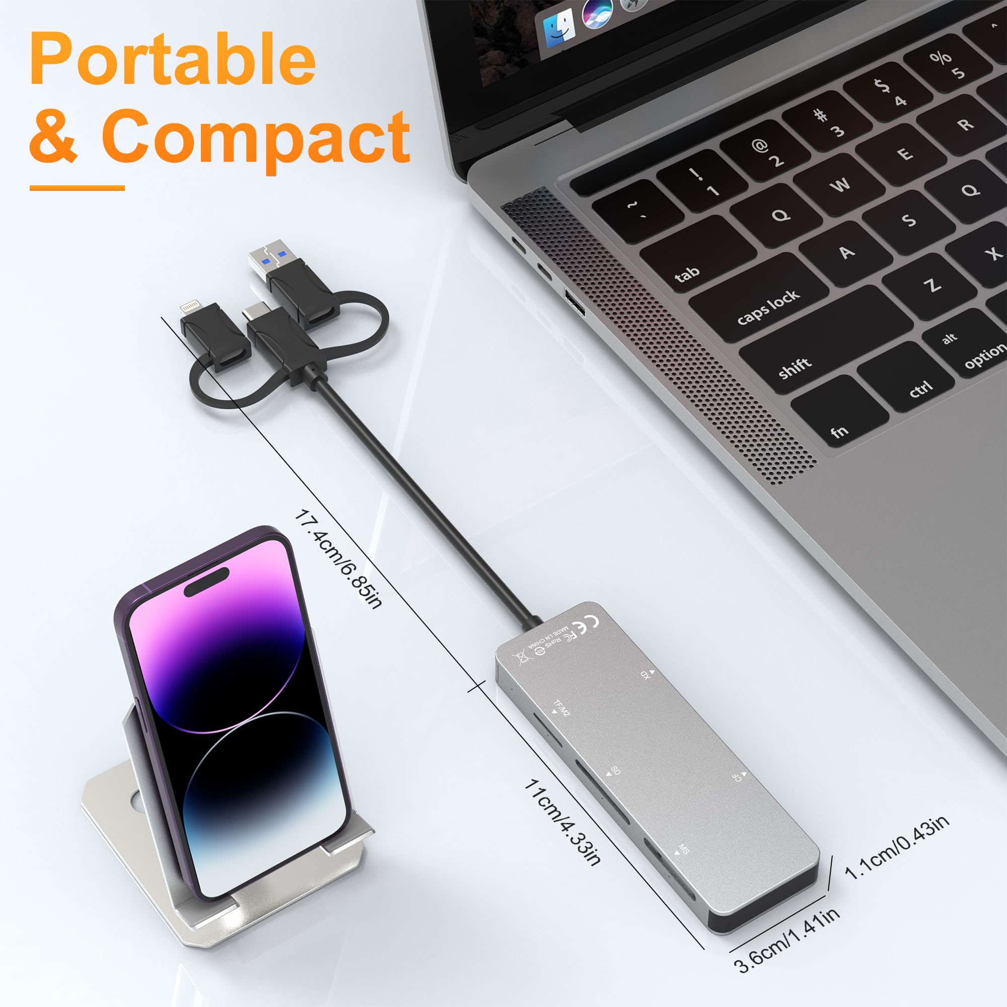 Portable silver memory card reader with flexible 17cm cable