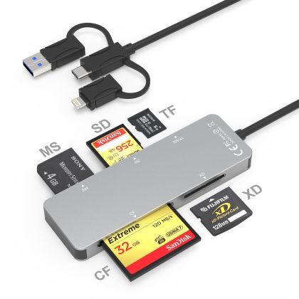 Silver 5-in-1 memory card reader with Lightning USB-C and USB-A connectors