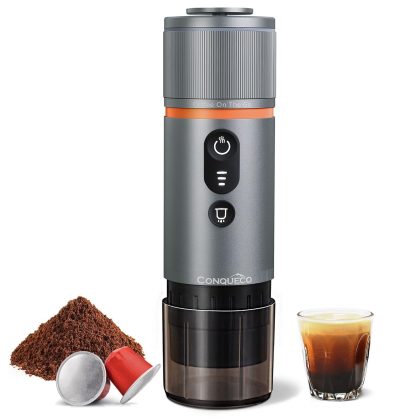 CONQUECO grey portable espresso machine with coffee cup and capsules
