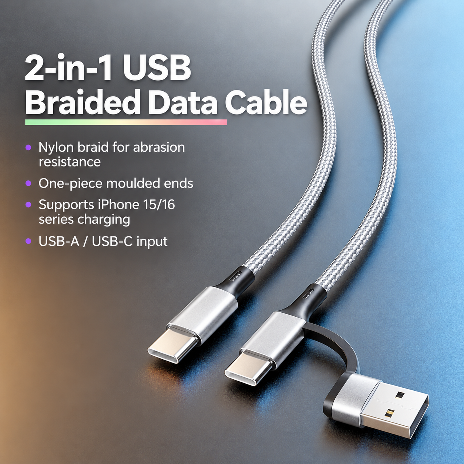 Silver braided 2-in-1 USB charging cable features
