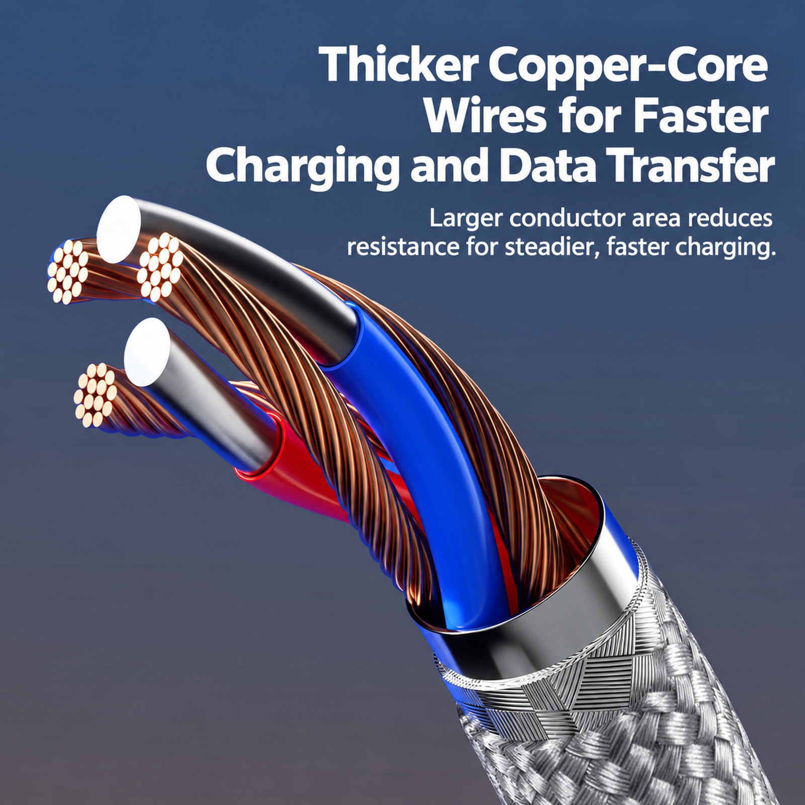 Silver braided USB cable construction detail