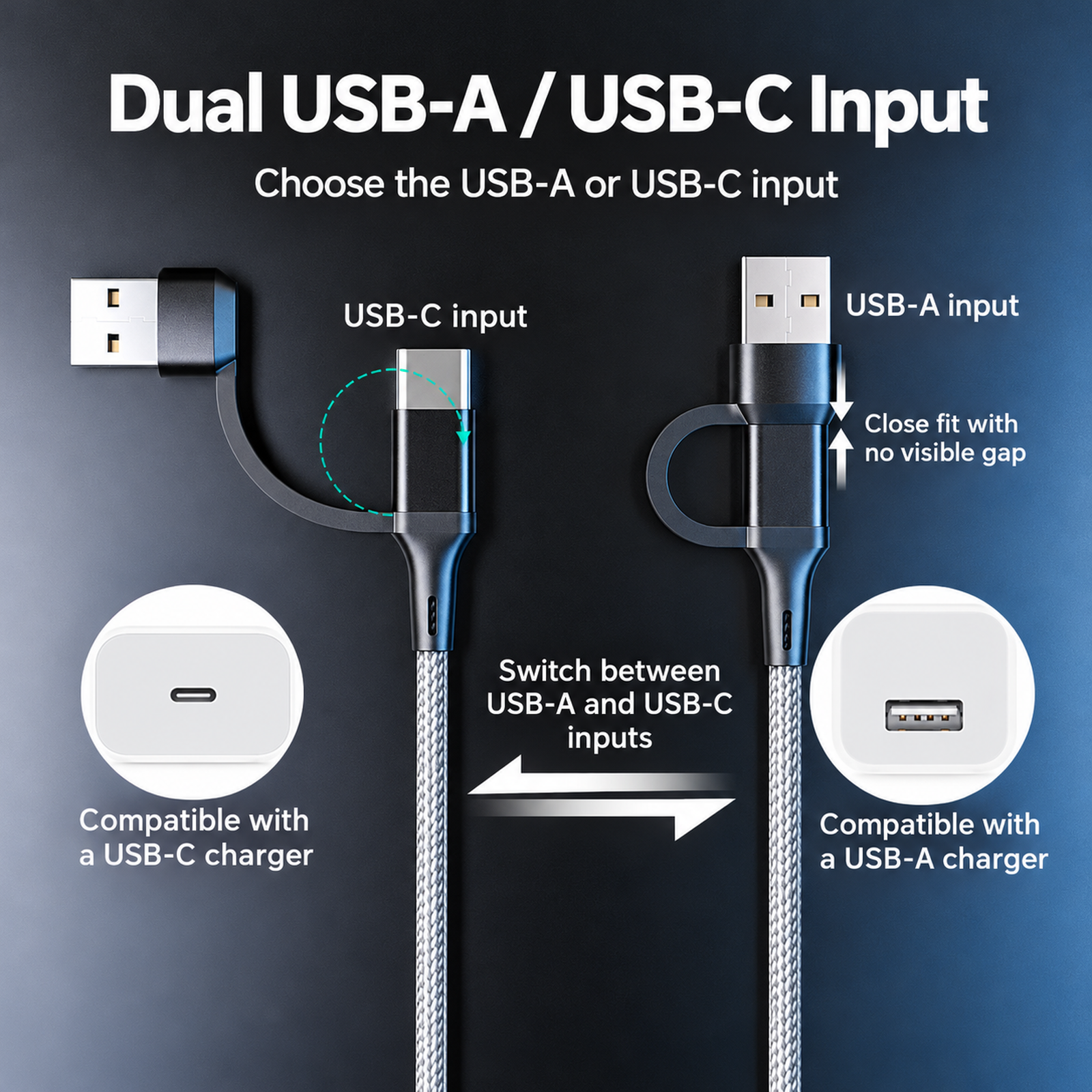 USB-A and USB-C input options on silver charging cable